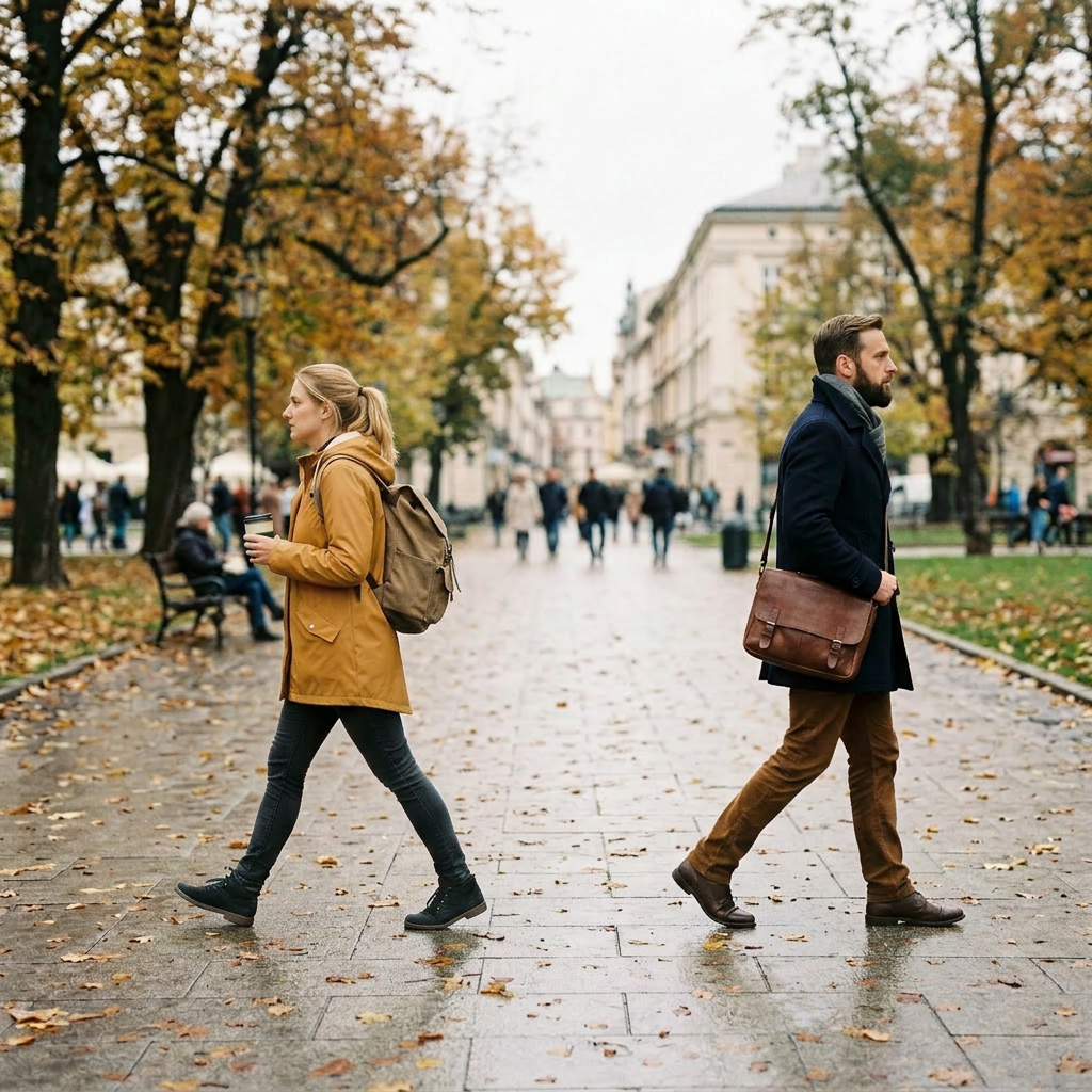 Two people walking on a rainy city street with autumn leaves and trees